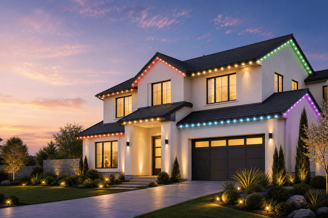 Modern home illuminated with permanent multicolor roofline lights at dusk